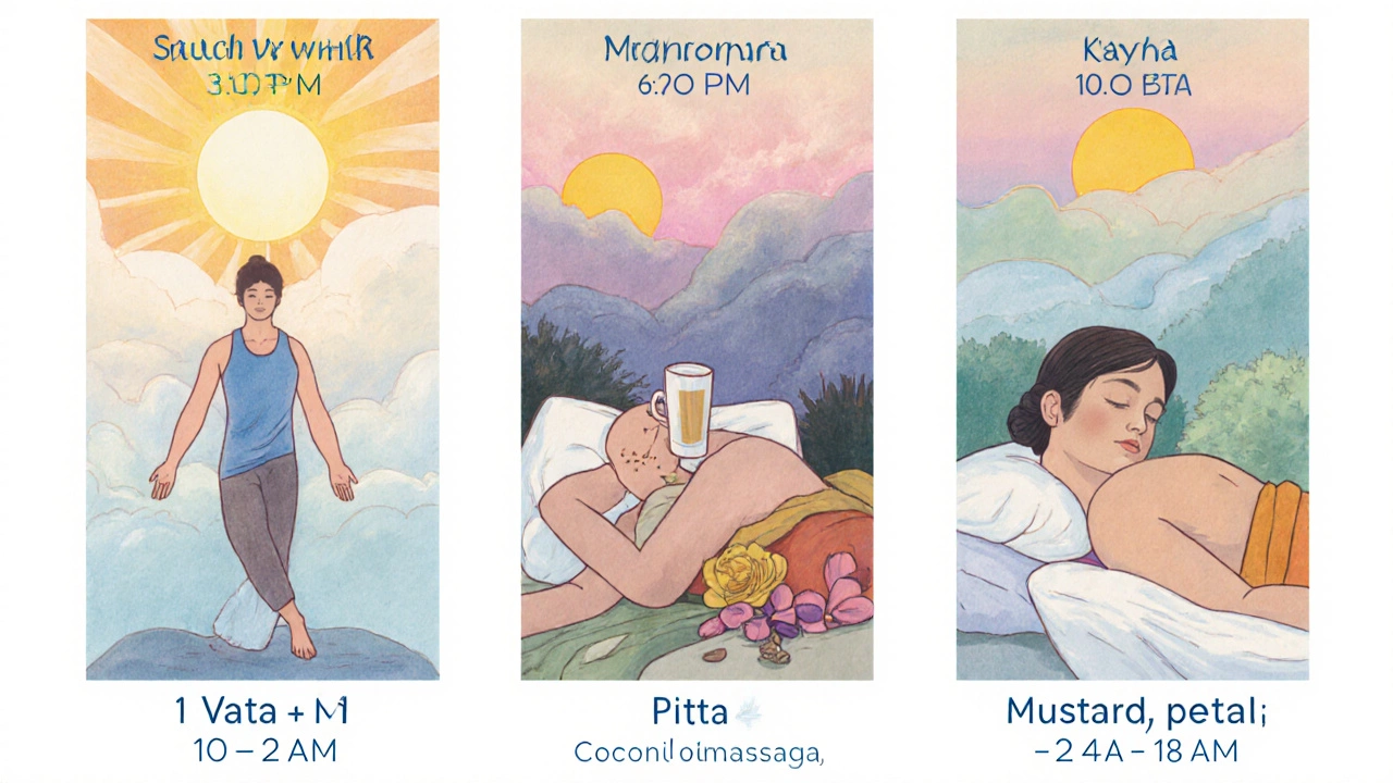 A collage of daily routines for Vata, Pitta and Kapha: sunrise wake‑up, yoga, oil massage, herbal tea and bedtime in their ideal sleep windows.