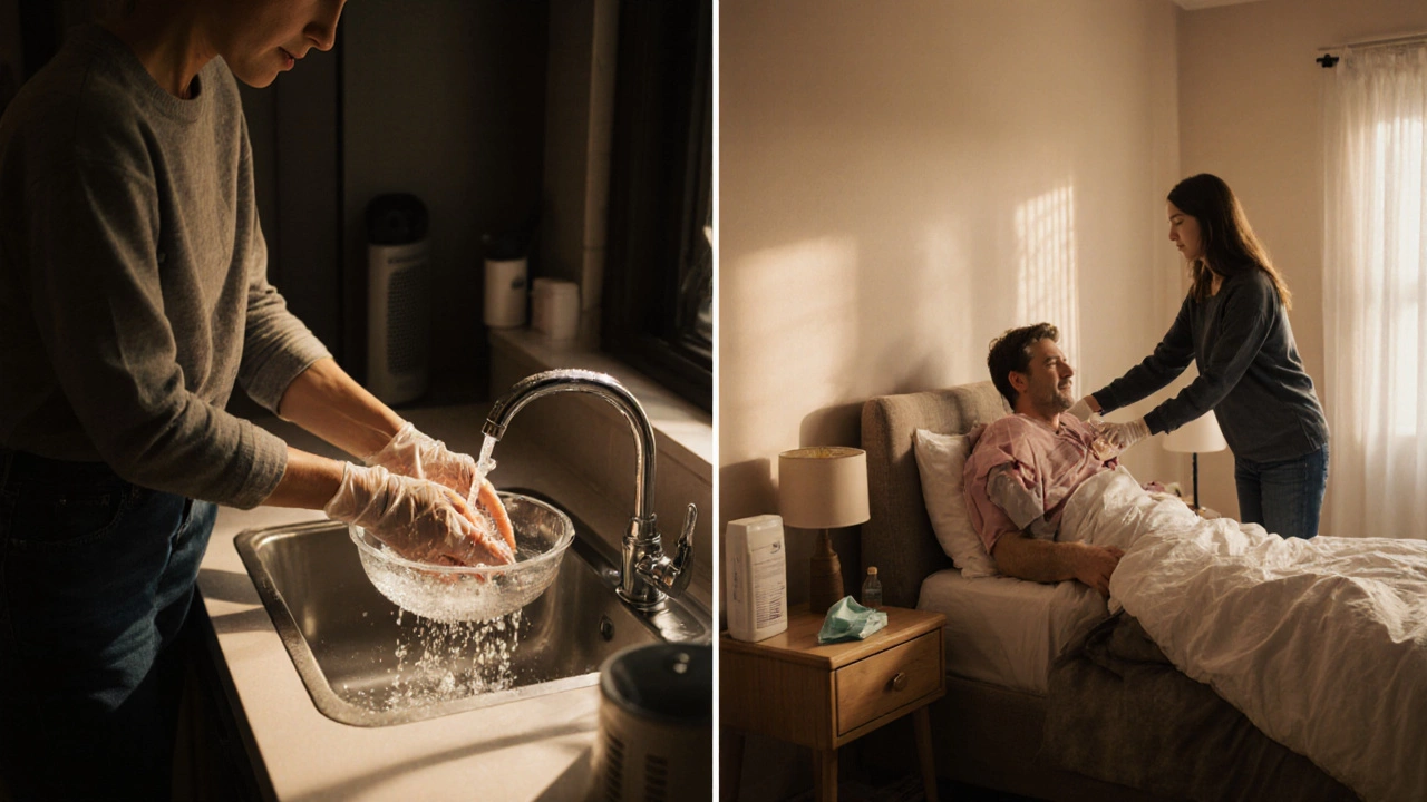 Caregiver washing hands then gently patting patient’s shoulder with gloves and cloth.
