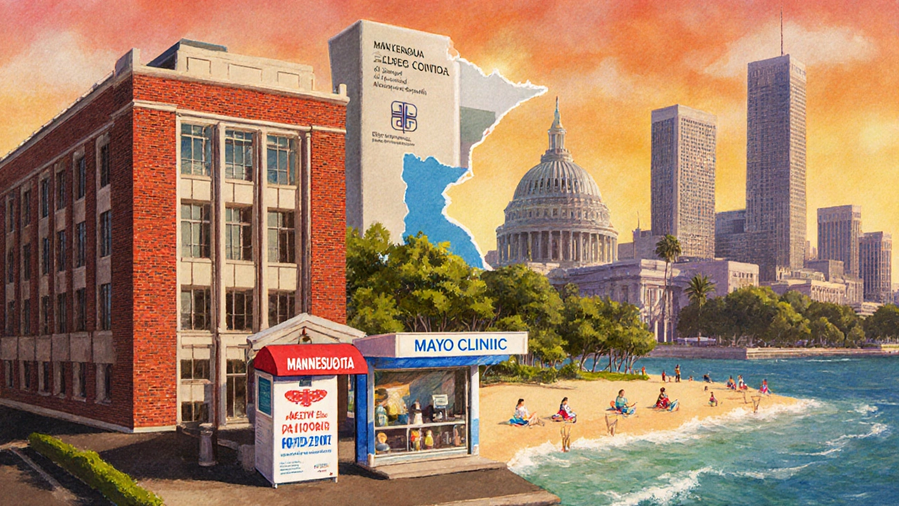 Collage of landmarks from Massachusetts, Minnesota, Hawaii, California, and Maryland with medical symbols.