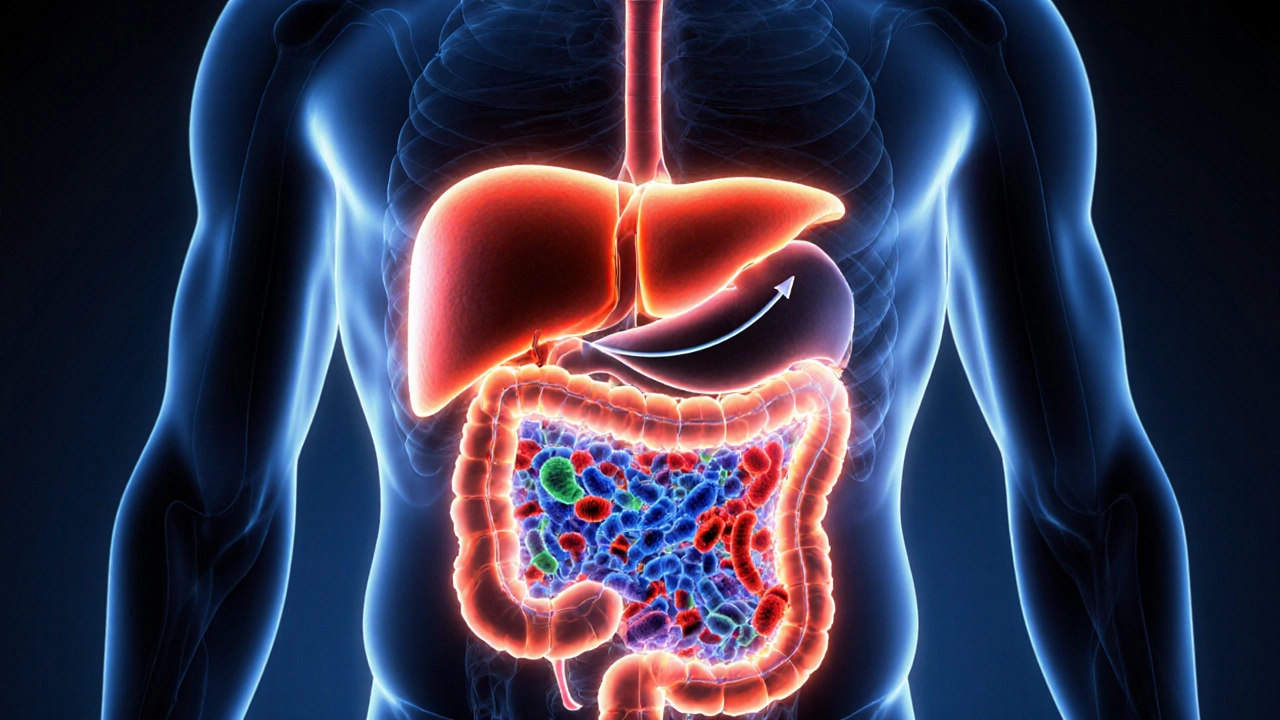 Cross‑section showing liver, pancreas, gut changes after stopping metformin.