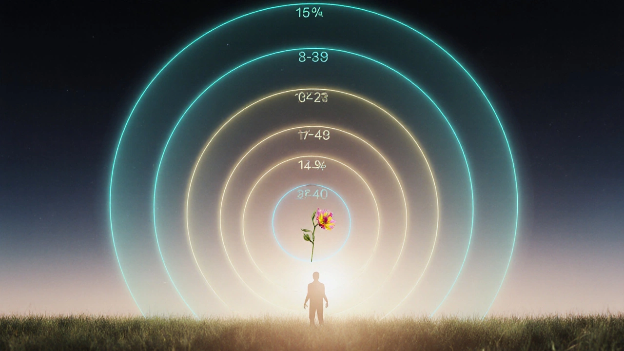 Digital artwork of four glowing circles around a patient, a growing flower symbolizing progress.