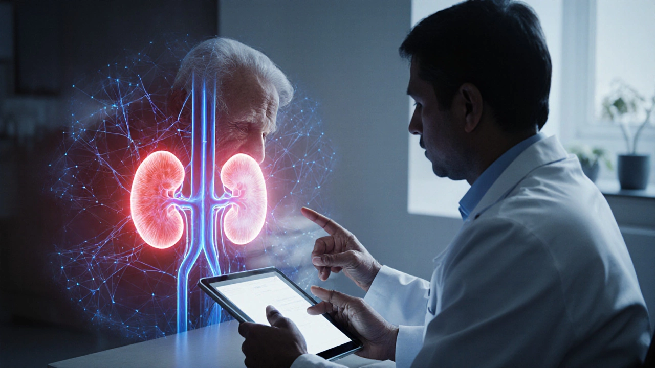 Doctor and patient in a clinic with visual overlay of blood vessels highlighting lactic acidosis and kidney stress.