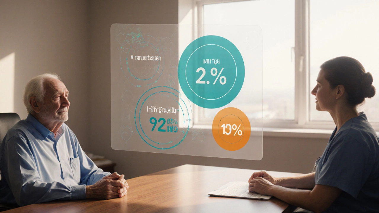 Doctor discussing survival statistics with an elderly patient, holographic data overlay visible.