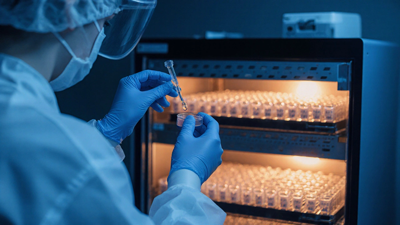 Embryologist handling egg and sperm in an IVF lab with embryos in a glowing incubator.