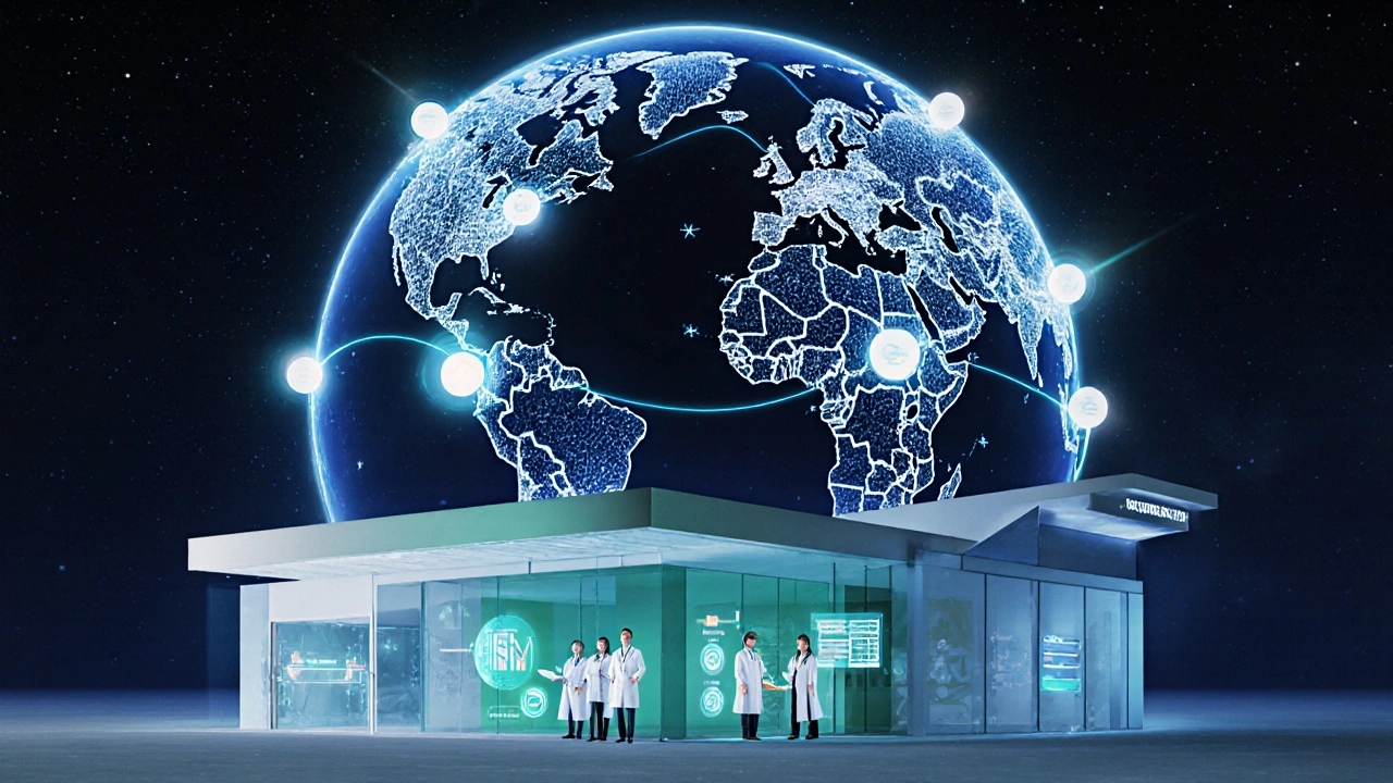 Futuristic globe with glowing lines linking cities, showing holographic doctors and AI diagnostics.