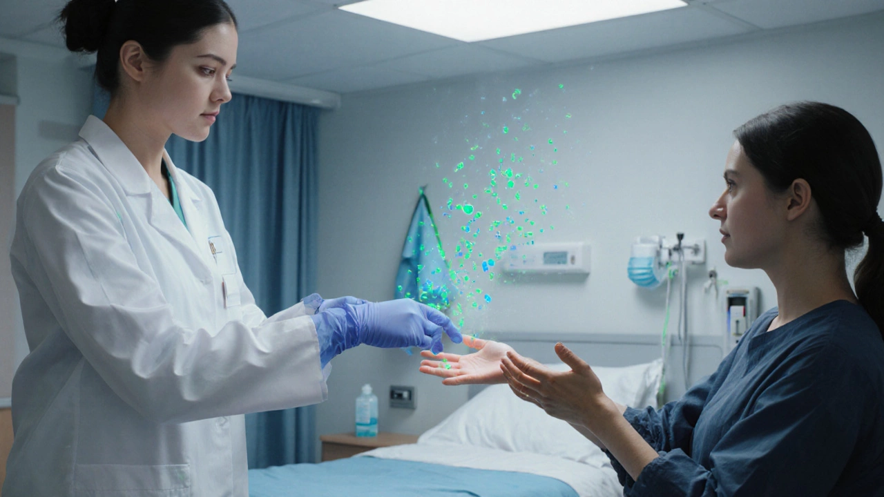 Gloved hand reaching toward patient while invisible germs drift from an uncovered hand.