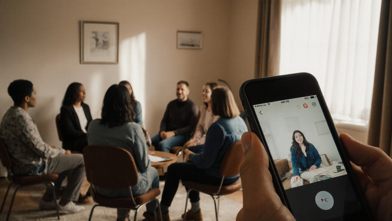Group therapy circle and a person on a video call for teletherapy.