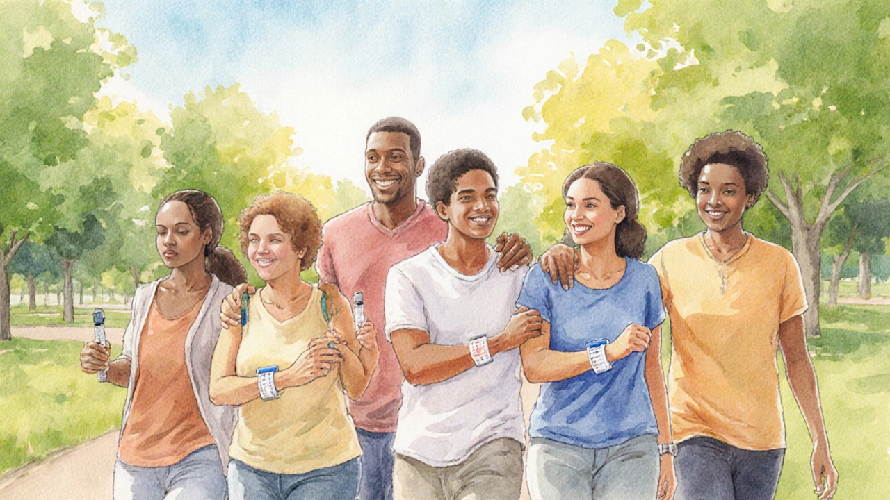 Group walking in park, each with injection pen, representing support.
