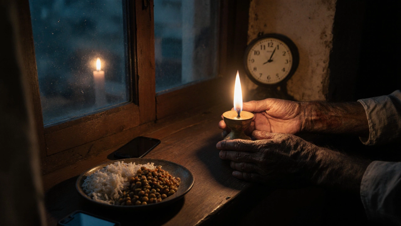 Hands placing a warm oil lamp on a windowsill at dusk, phone face-down, candle flickering, quiet evening.