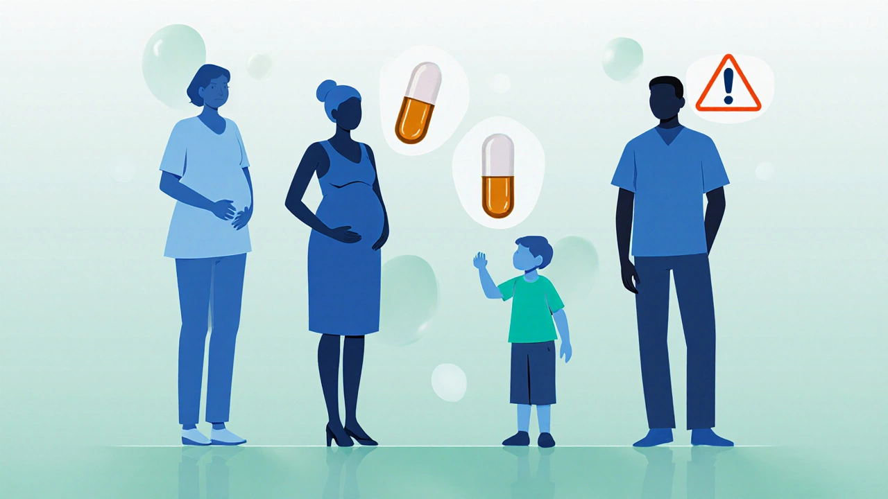 Illustration of adult, pregnant woman, elderly man, and child with capsules and warning symbols.