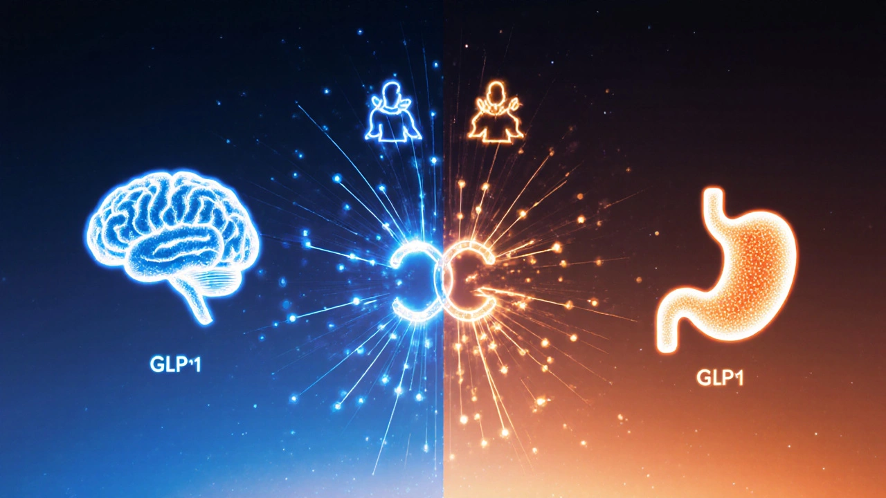 Illustration showing dual and single receptor activation for weight‑loss drugs.