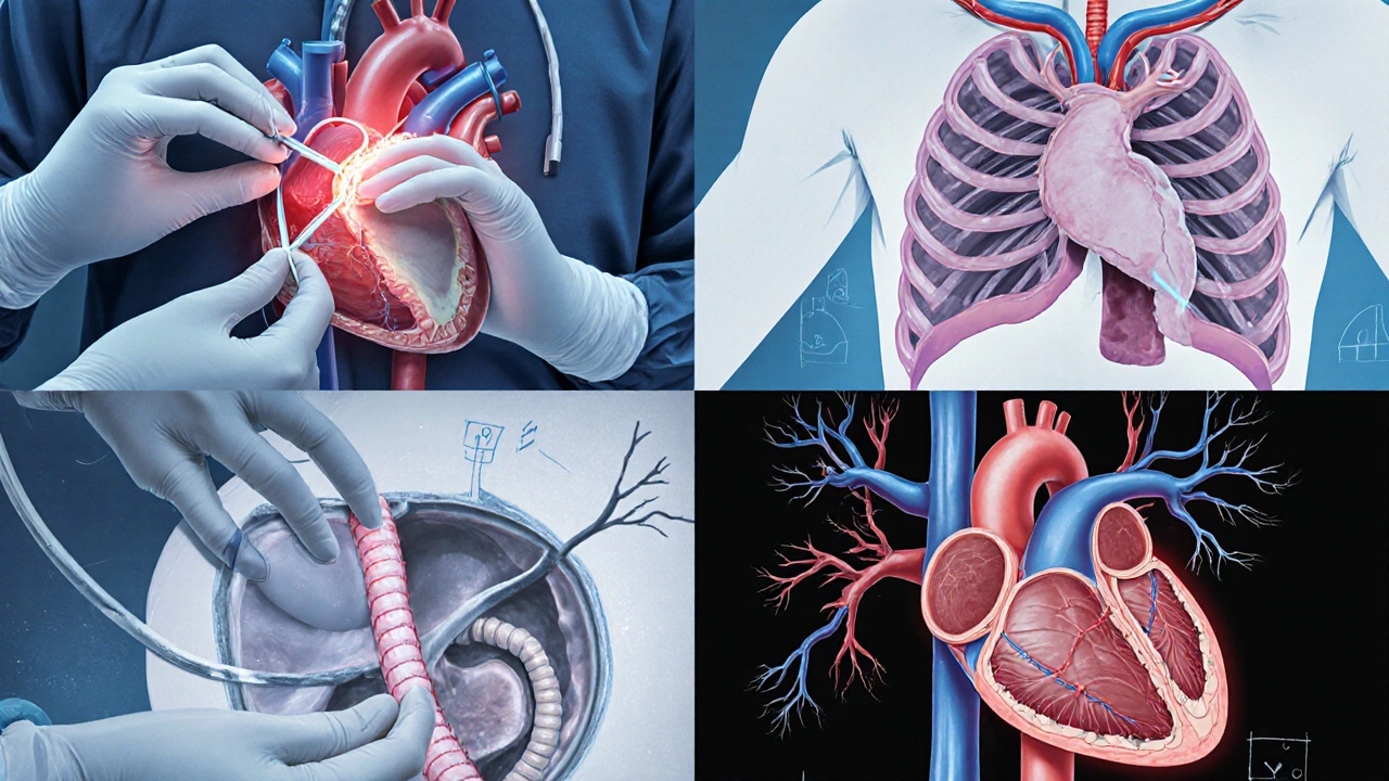 Illustration showing four major heart surgeries: CABG, valve replacement, aneurysm repair, transplant.