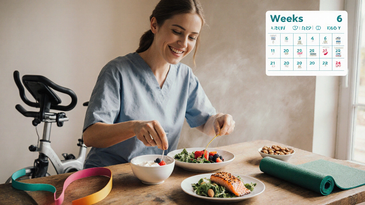 Kitchen scene with healthy meals, resistance band, and stationary bike for home rehab.
