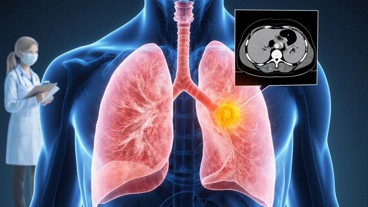 Medical illustration of lungs showing a bright orange tumor nodule and CT scan overlay.