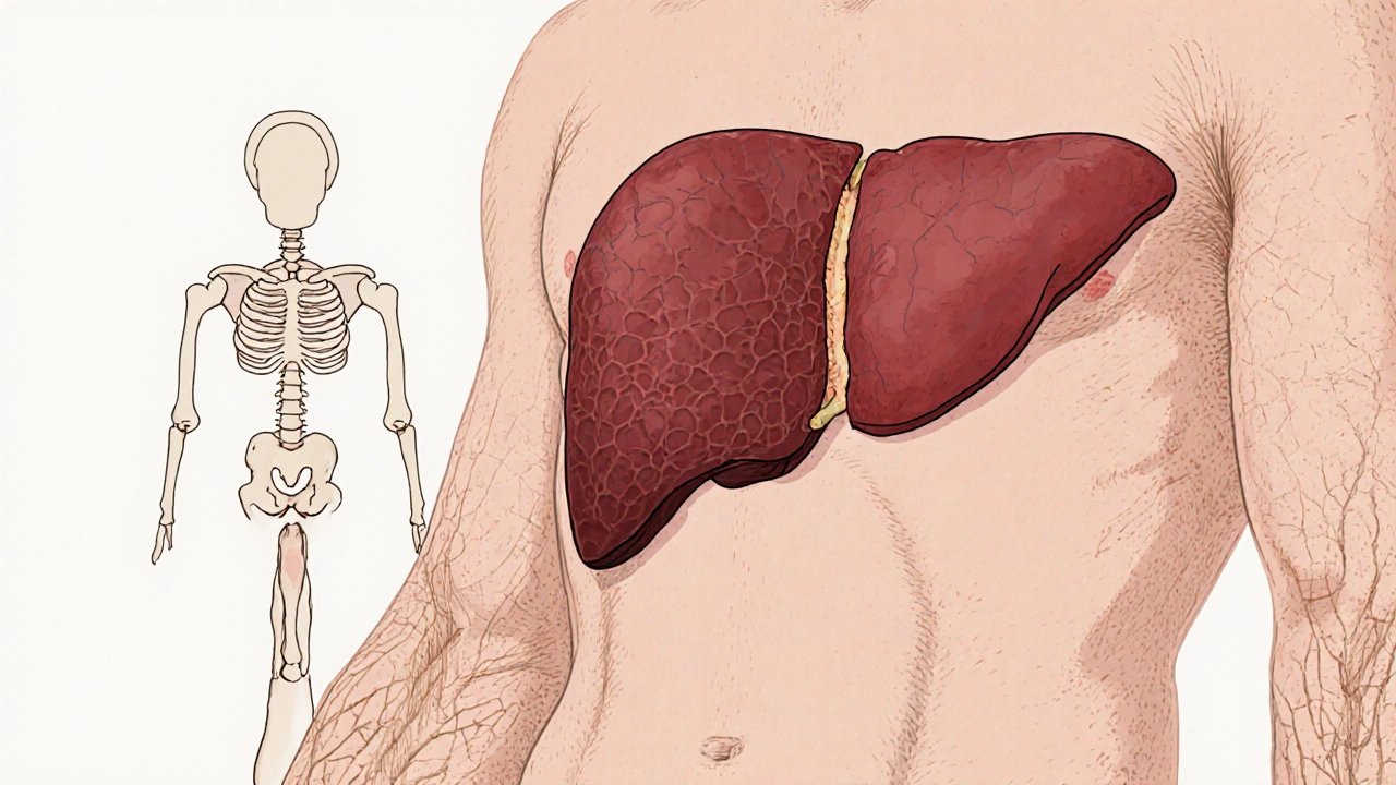 Medical illustration showing swollen liver, dry skin, and bone pain indicating vitamin A toxicity.