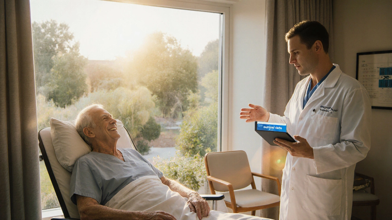 Patient recovering in a lounge, surgeon offering reassurance as sunlight streams in.