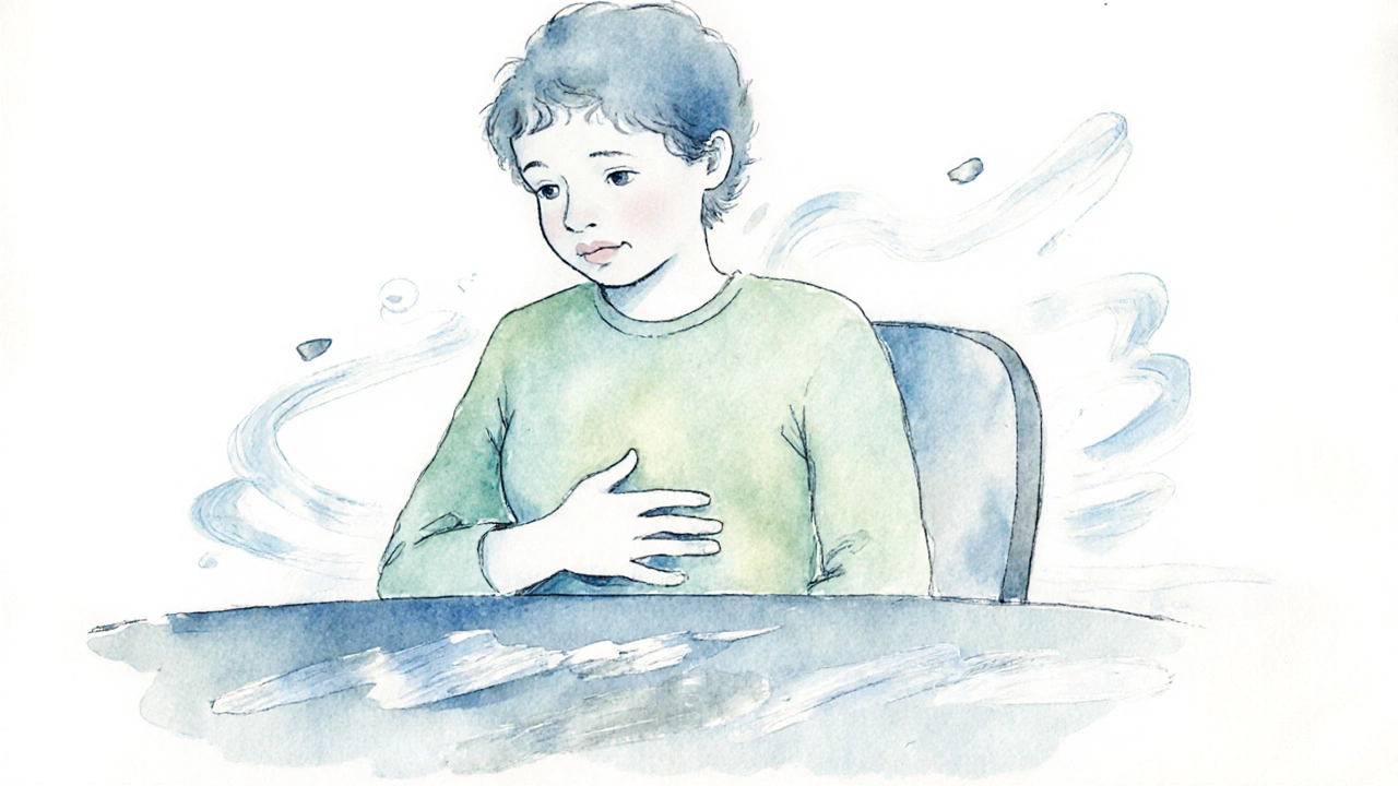 Person at a table clutching their stomach, watercolor colors suggest nausea and digestive upset.