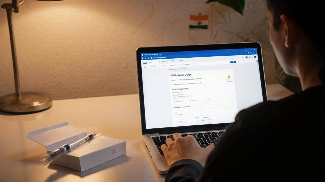 Person ordering weight‑loss medication online with a pen visible in a box.