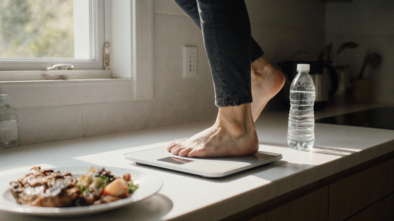 Person stepping on scale beside healthy meal, showing weight loss.