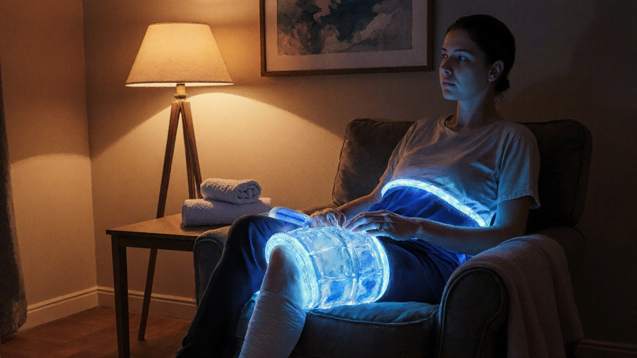 Person using a hands‑free cryotherapy cuff on knee in a cozy living room.