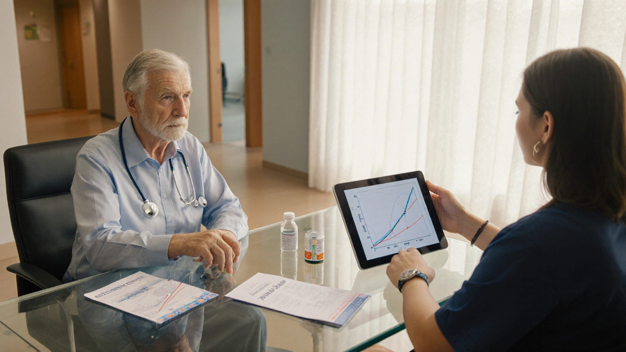 Photorealistic doctor‑patient meeting showing treatment options like immunotherapy and palliative care.