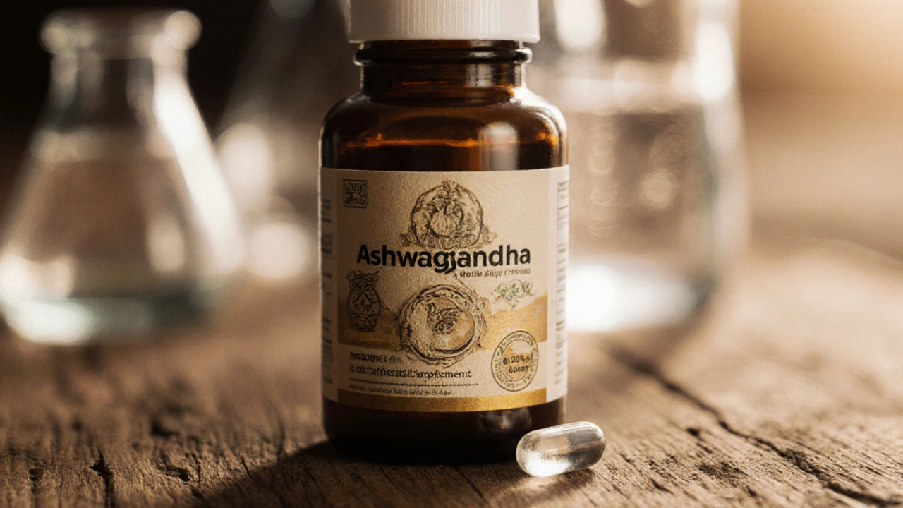 Premium Ashwagandha supplement bottle with capsule, lab glassware, and quality seal.
