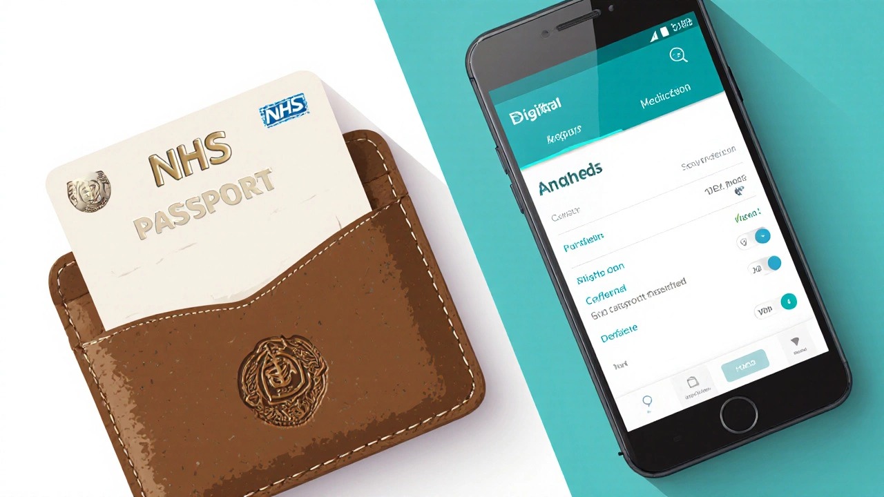 Split view showing a paper medication card beside a digital phone version.