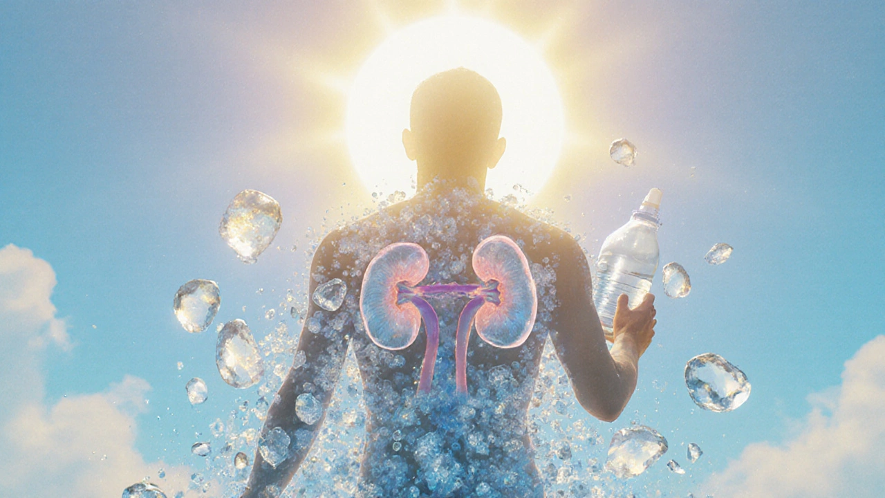 Surreal scene of a person under a bright sun with floating calcium crystals and kidney stones, holding water.