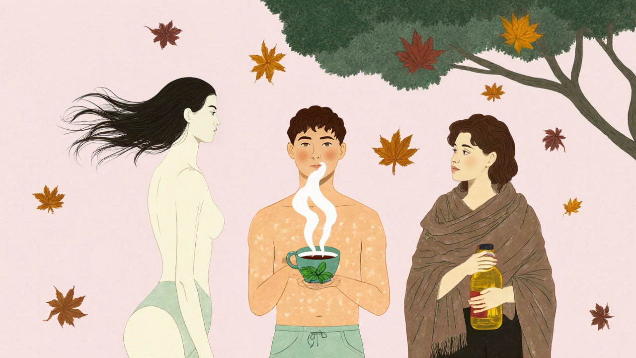 Three figures representing Vata, Pitta, and Kapha doshas under a tree with seasonal leaves, harmonious and symbolic.