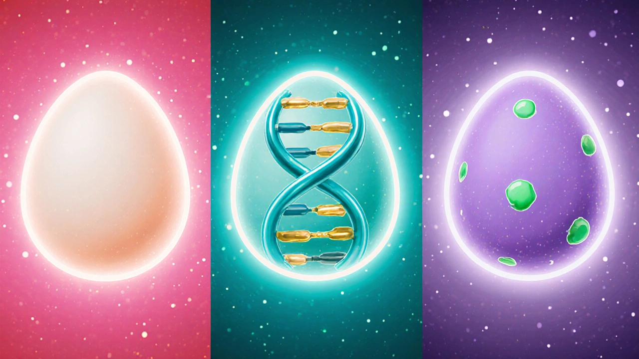 Three side‑by‑side panels illustrating standard IVF, egg donation, and mitochondrial replacement with distinct colors.