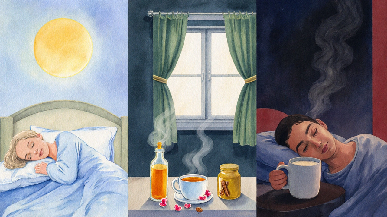 Three side‑by‑side scenes showing Vata, Pitta and Kapha sleep environments with appropriate lighting, herbs and oil bottles.