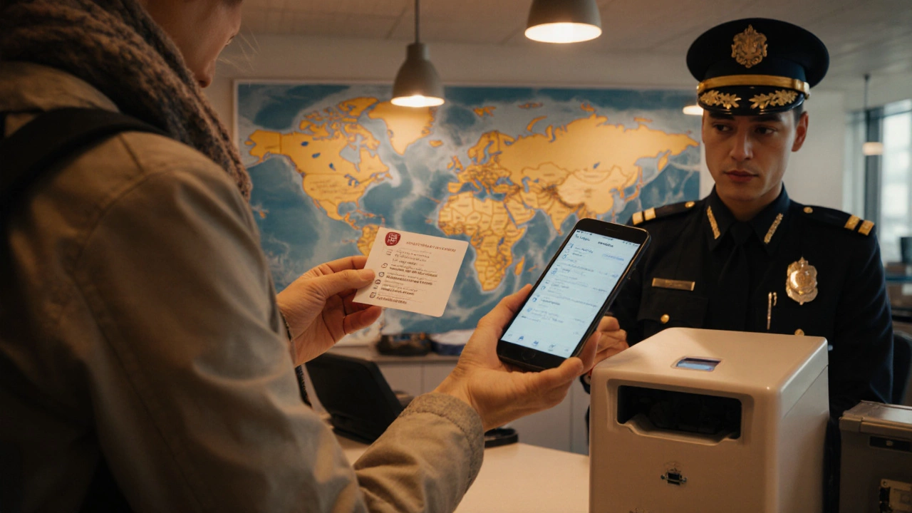 Traveler showing medication passport to customs officer at an airport.