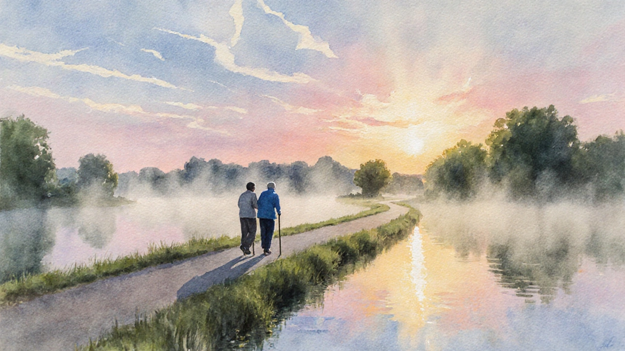 Watercolor of a survivor walking by a lake at sunrise, symbolizing hope and quality of life.