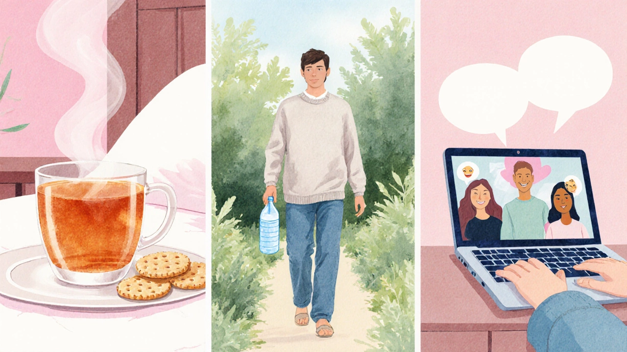 Watercolor panels showing ginger tea, a walk with water bottle, and a virtual support group.