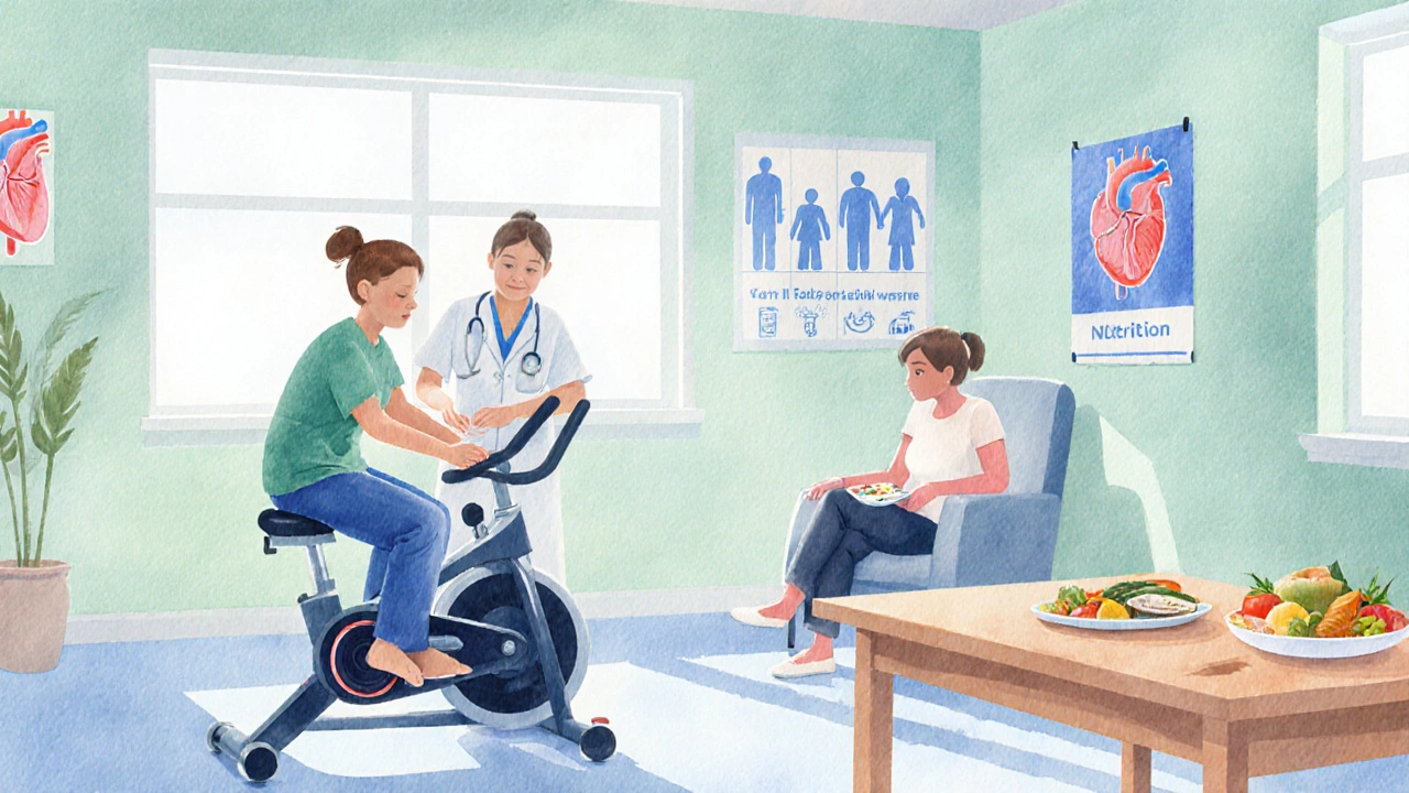 Watercolor scene of cardiac rehab with patient on bike, physiotherapist, and supportive family.