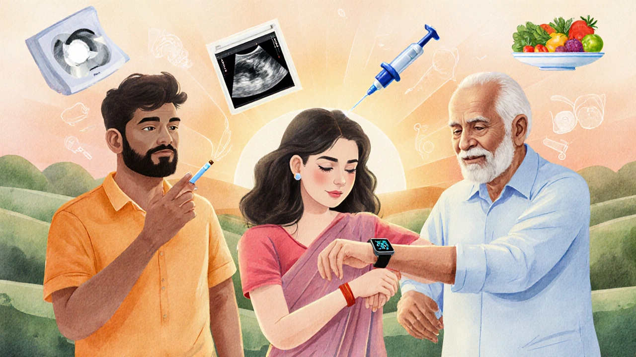 Watercolor scene of Indian people practicing cancer prevention: quitting smoking, vaccination, healthy living.