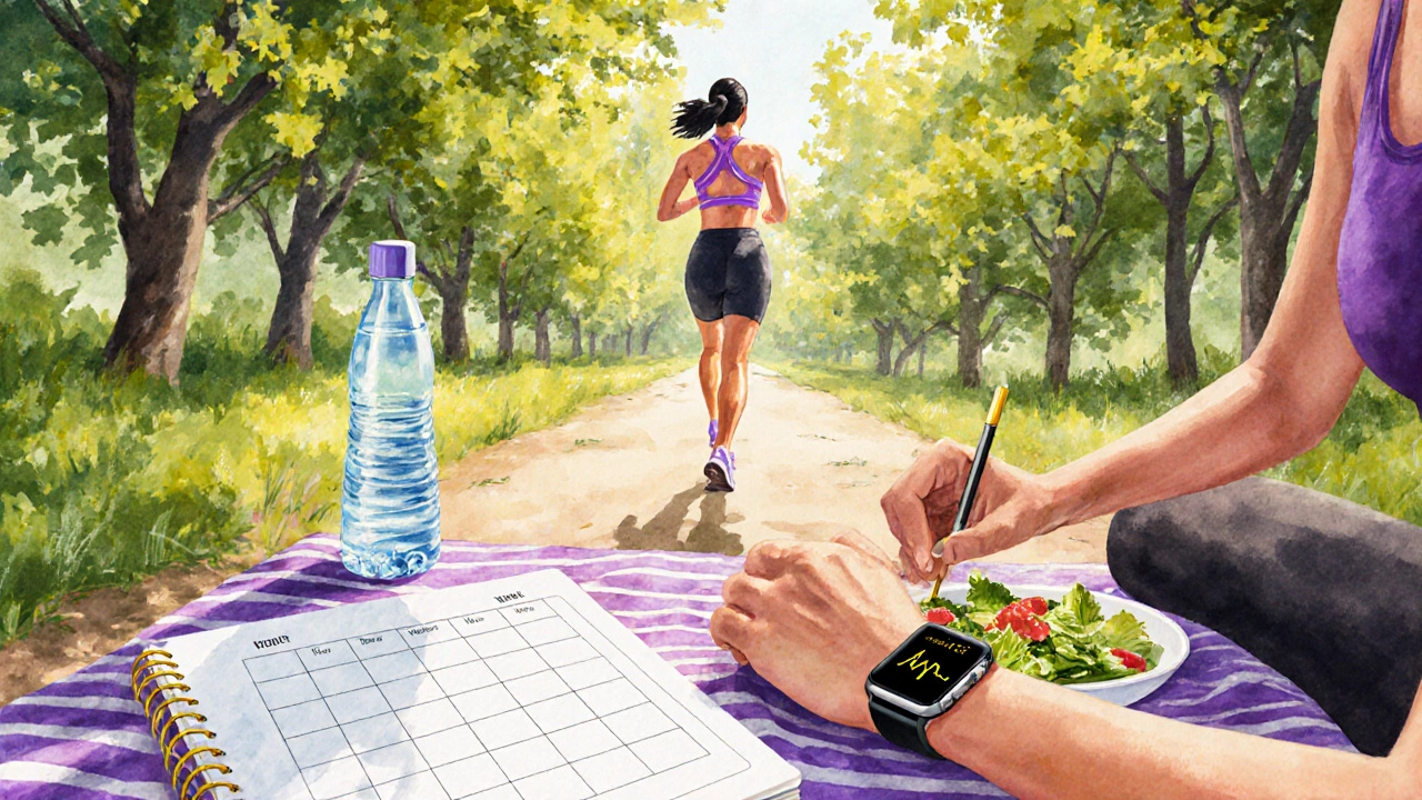Woman jogging while a friend prepares a high‑fiber salad outdoors.